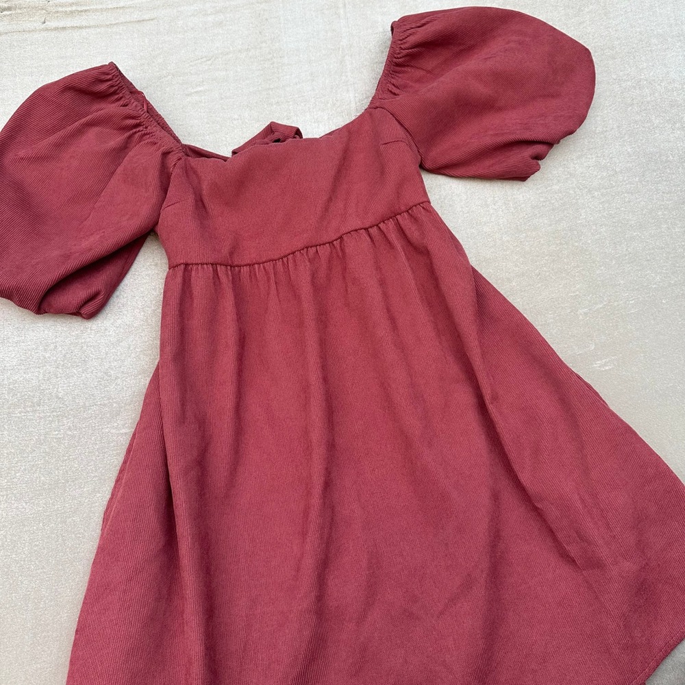 Audrey Parks Women's Small Rust Corduroy Puff Sleeve Tie Back Mini Dress